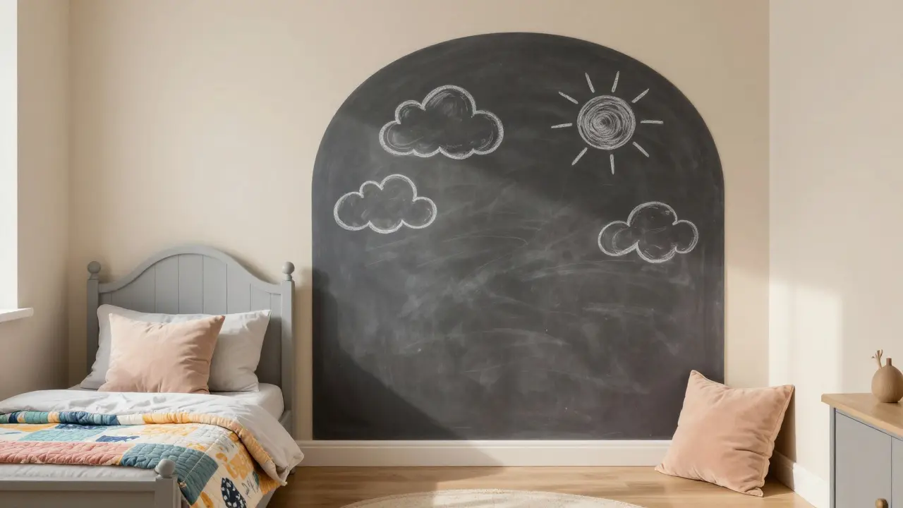 Neutrální dětský pokoj s krémovými stěnami, šedým nábytkem a jednou akcentní stěnou s kresbami.