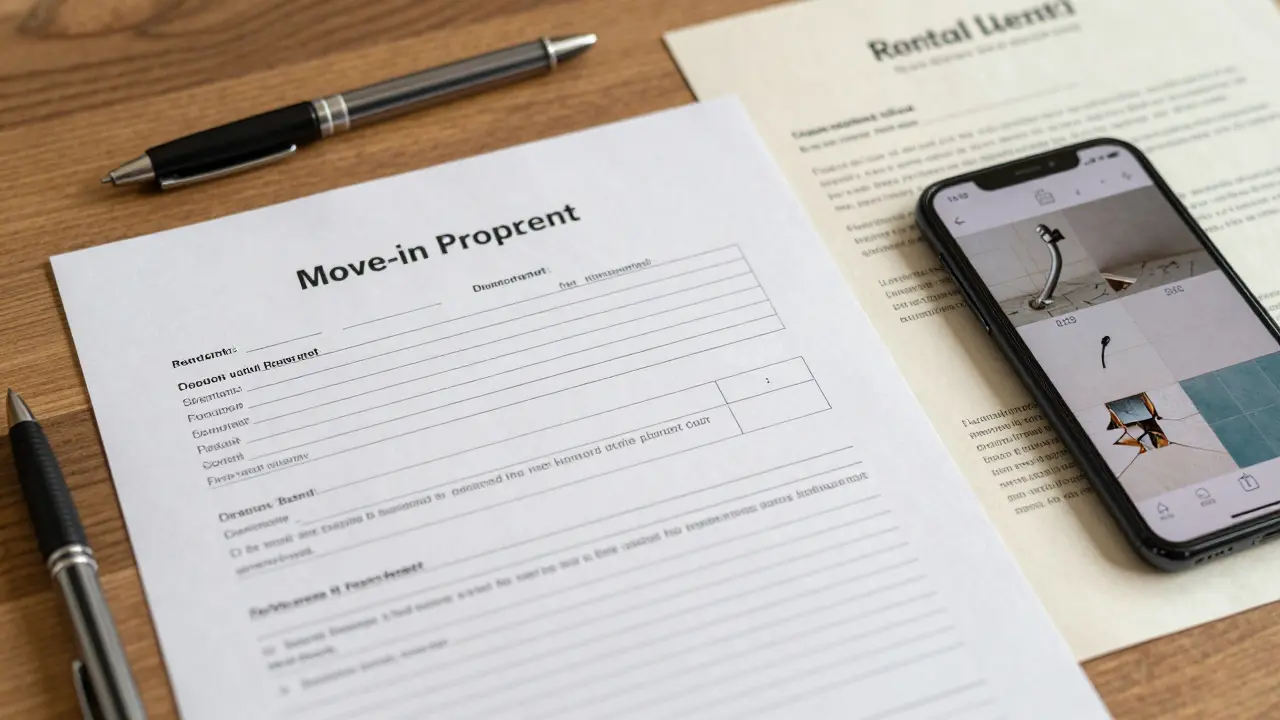 Písemný předávací protokol s fotografiemi poškození koupelny a kuchyně, položený na dřevěné tabuli s propiskami.