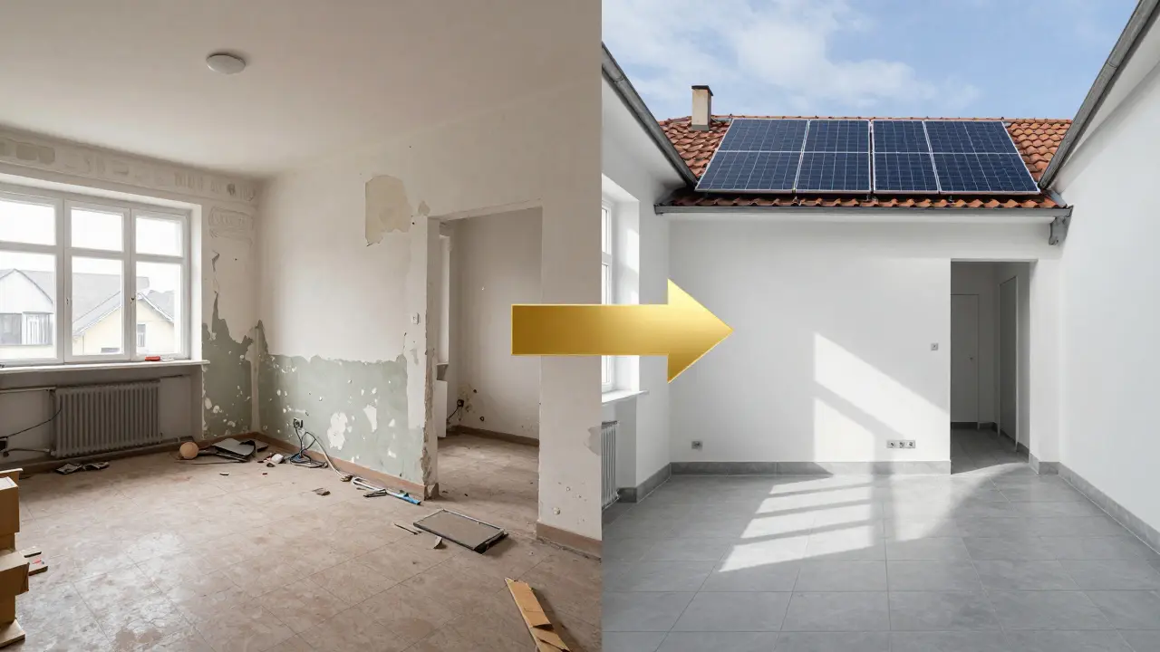 Porovnání starého a přestavěného bytu: zanedbaný prostor vs. moderní investice.