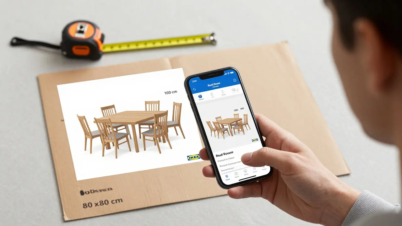 Použití mobilní aplikace pro skenování jídelny s 3D návrhem ideální vzdálenosti židlí.