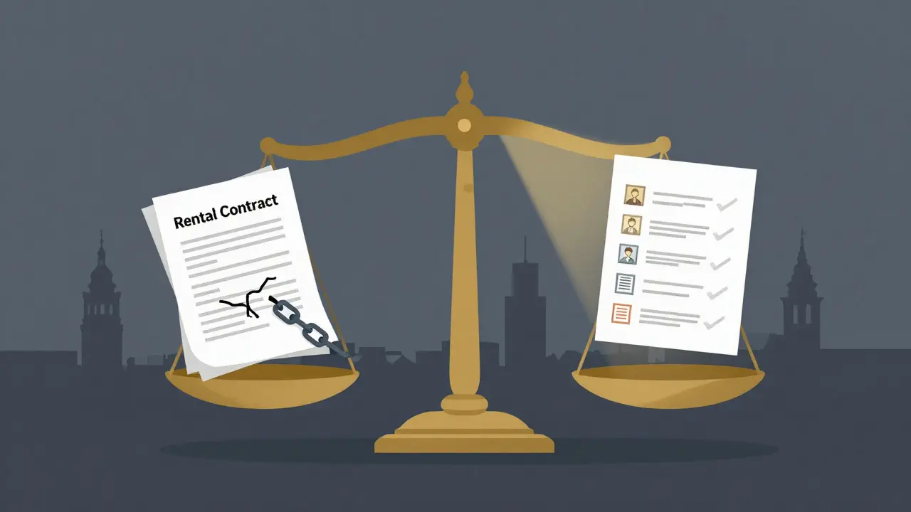 Právní váha: jedna strana s chybějícími podklady, druhá s dokumenty, fotky a zákonnými odkazy, nad českým městem.