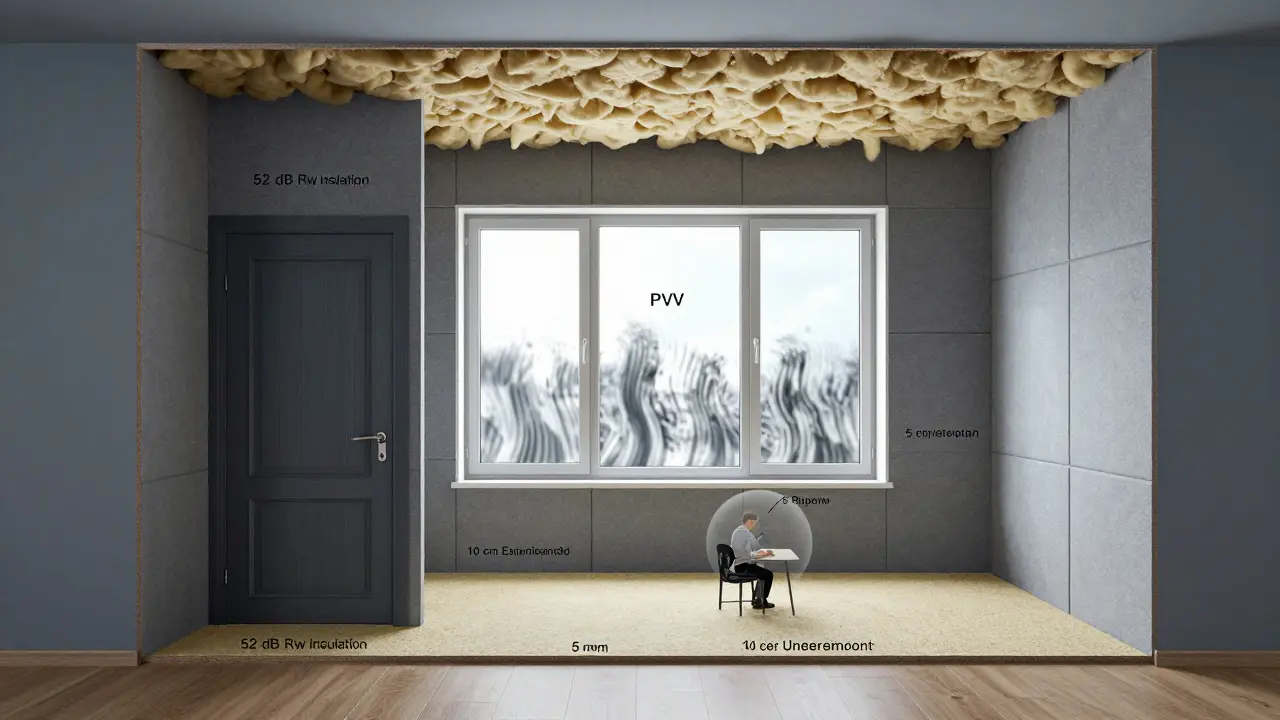 Průřez domácí kanceláře s vrstvami zvukotěsnosti: dveře, okna, stěny, strop a podlaha, které blokují hluk.