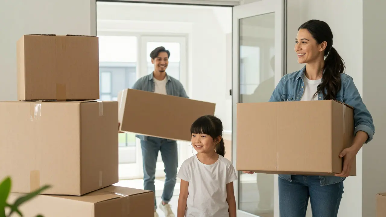 Rodina se stěhuje do nového bytu s krabicemi a nábytkem v denním světle