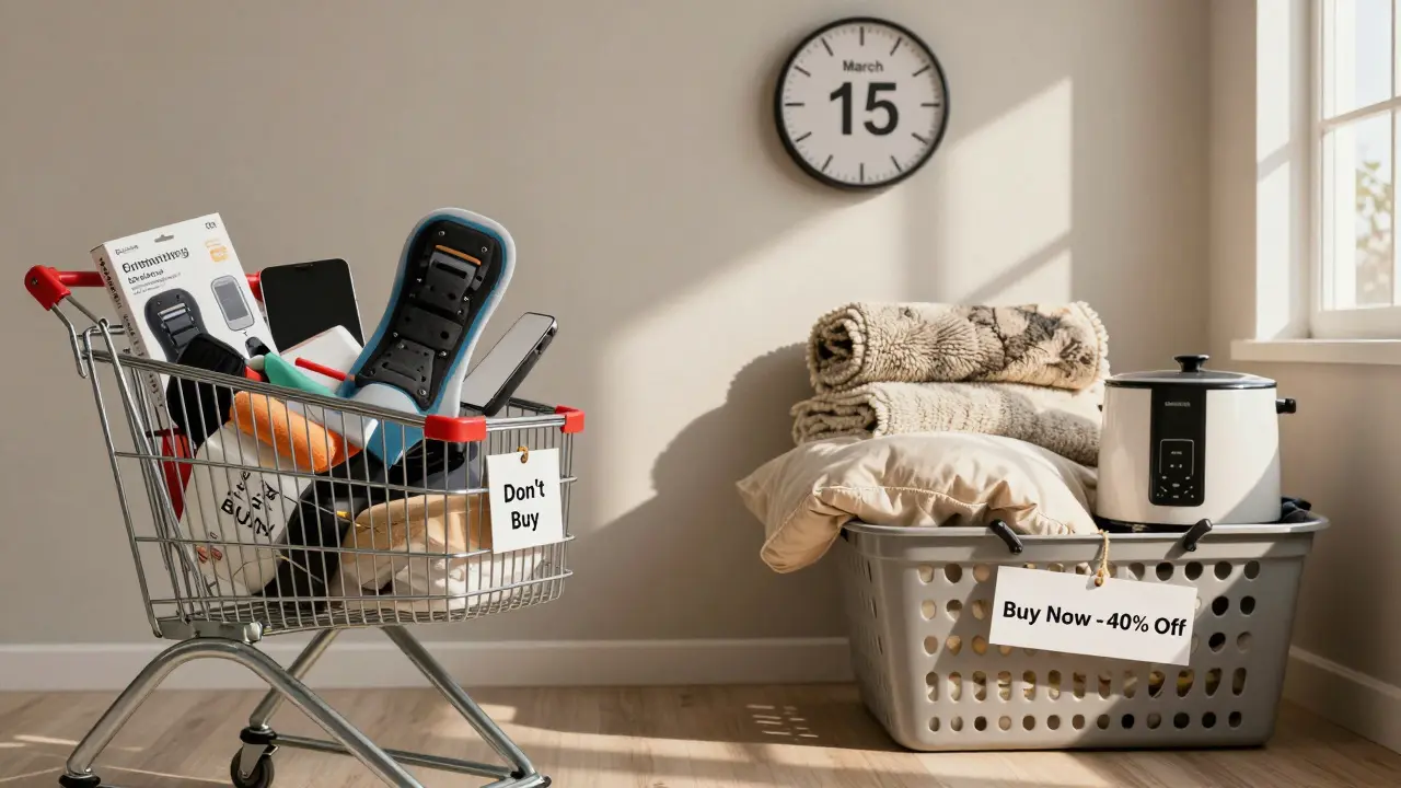 Rozdělená scéna: nákupní košík s nevhodnými nákupy na jedné straně a šetřícími výběry na druhé.