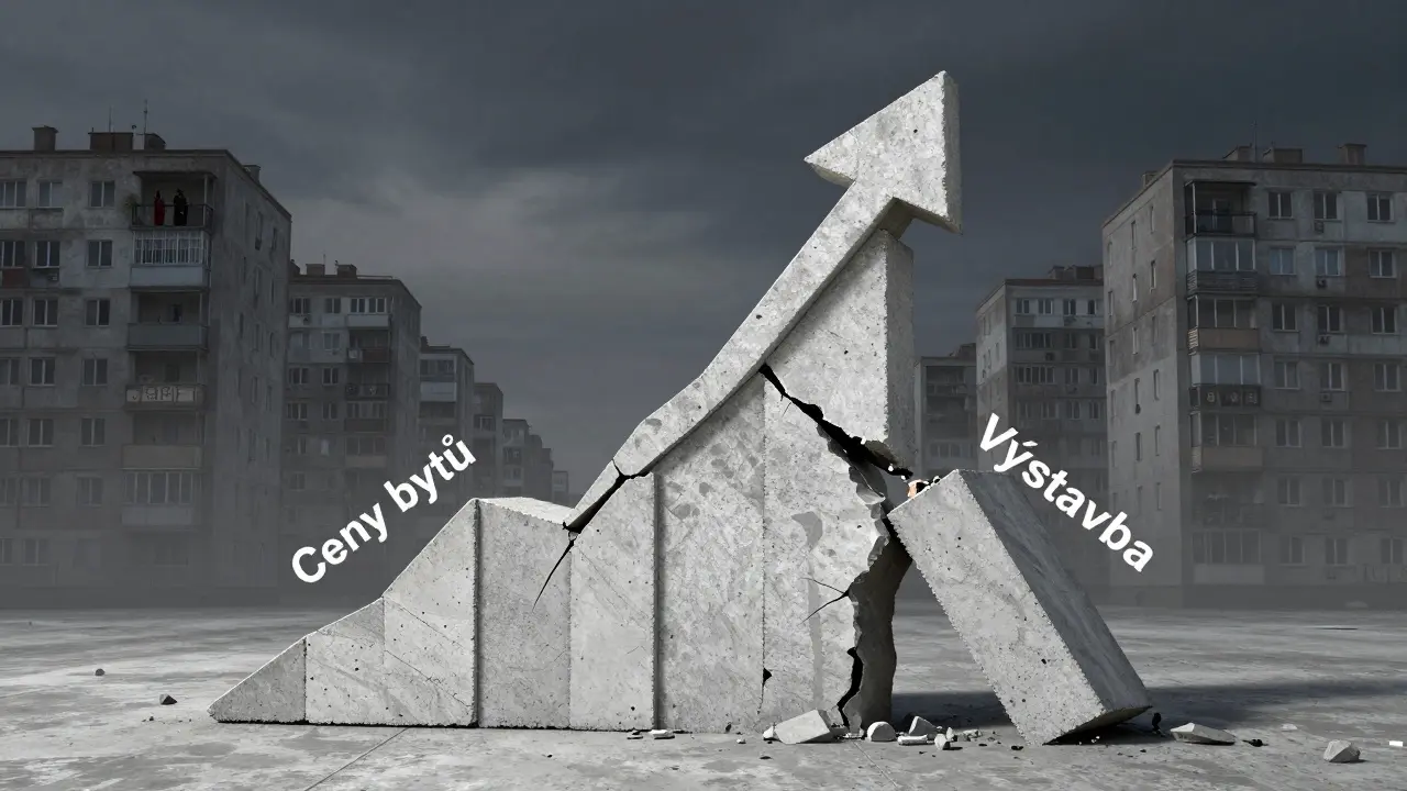 Rozdrtěný betonový blok tvarující klesající graf výstavby vedle rostoucích cen bytů, symbolizující bytovou krizi v Česku.