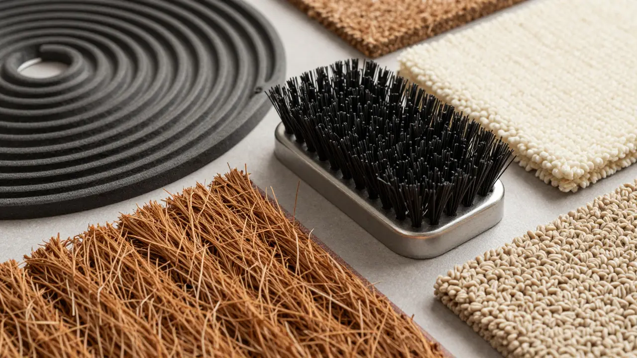 Různé materiály čistících rohoží vedle sebe