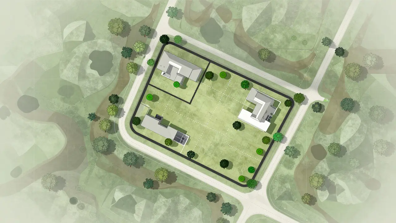 Schématický pohled shora na pozemek se stavbou a technickými sítěmi.