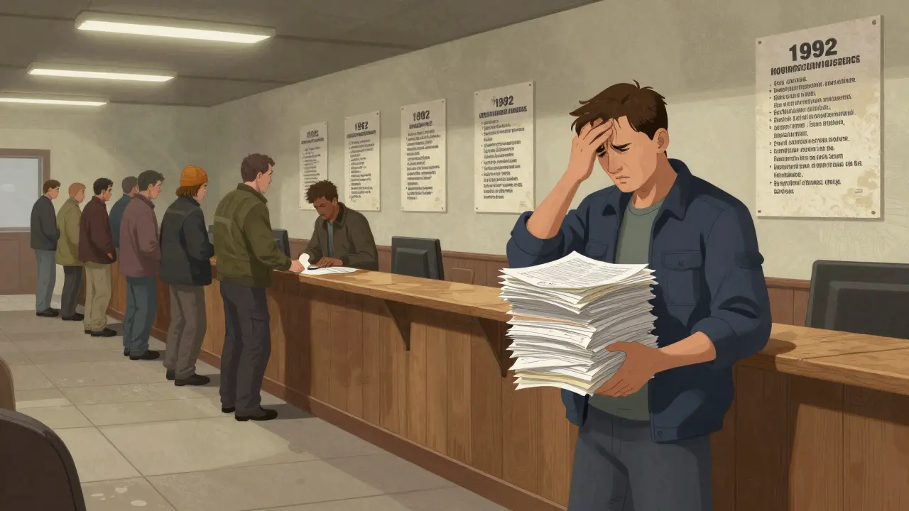 Stavební dělník čeká na úřadě u prázdného stolu, kolem něj hromady papírů s zastaralými předpisy, znázorňující administrativní blokádu.