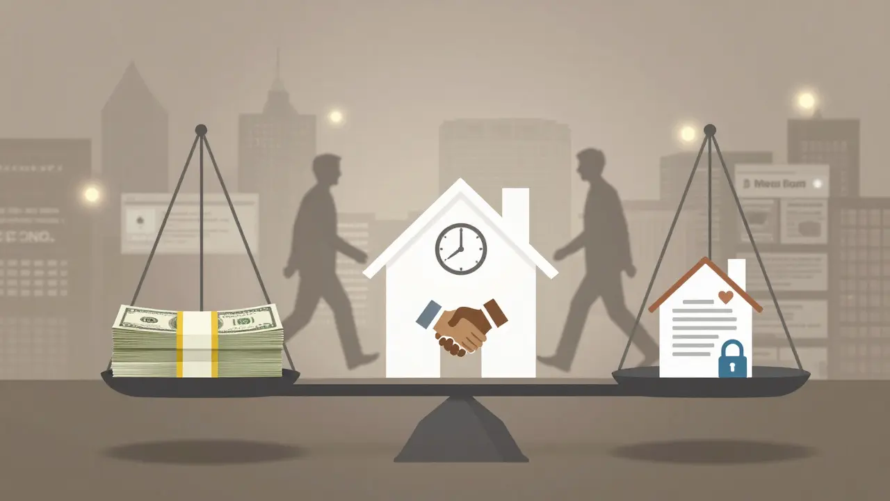 Symbolická váha nabídek: peníze vs. spolehlivost při prodeji nemovitosti.