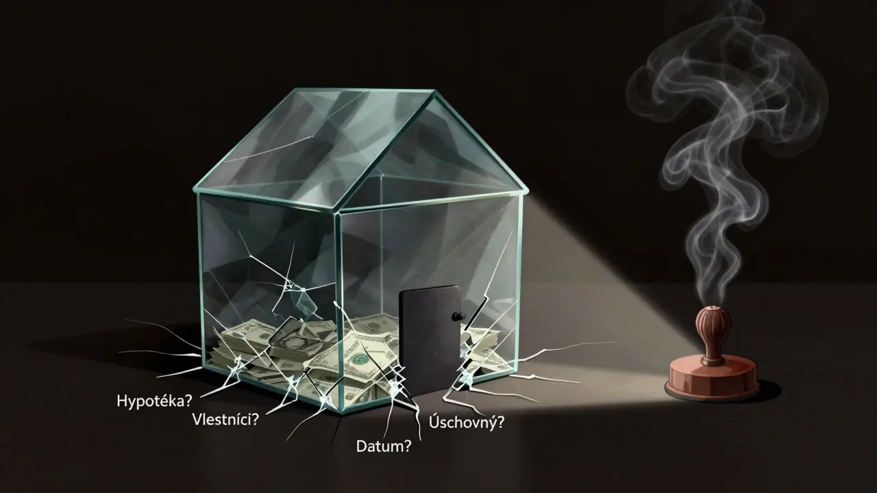Trhající se dům symbolizující chybějící podmínky v rezervační smlouvě