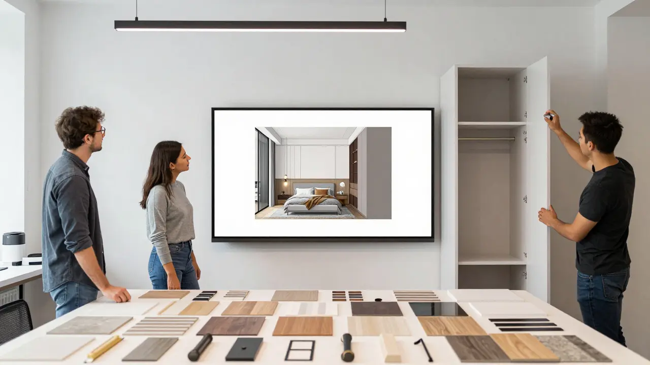 Tým designerů přehlíží 3D návrh vnitřního prostoru s vzorky materiálů.