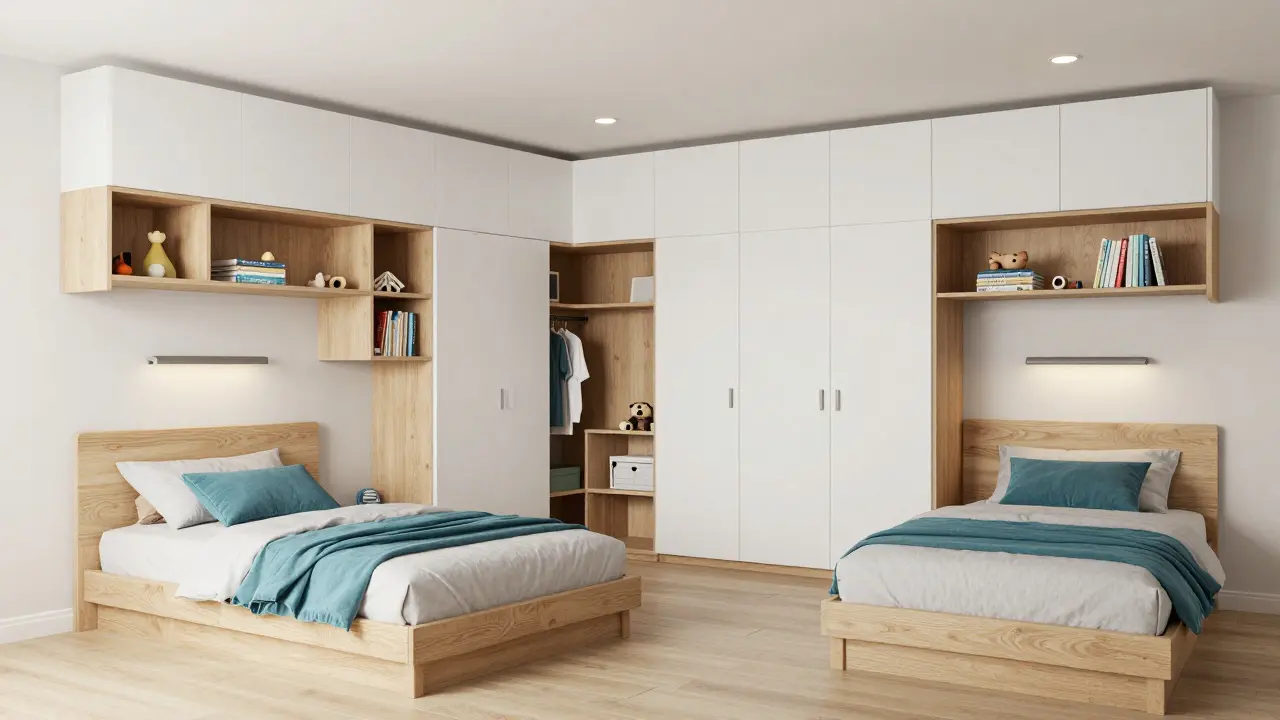 Úložné systémy a L-postele v dětském pokoji pro sourozence.