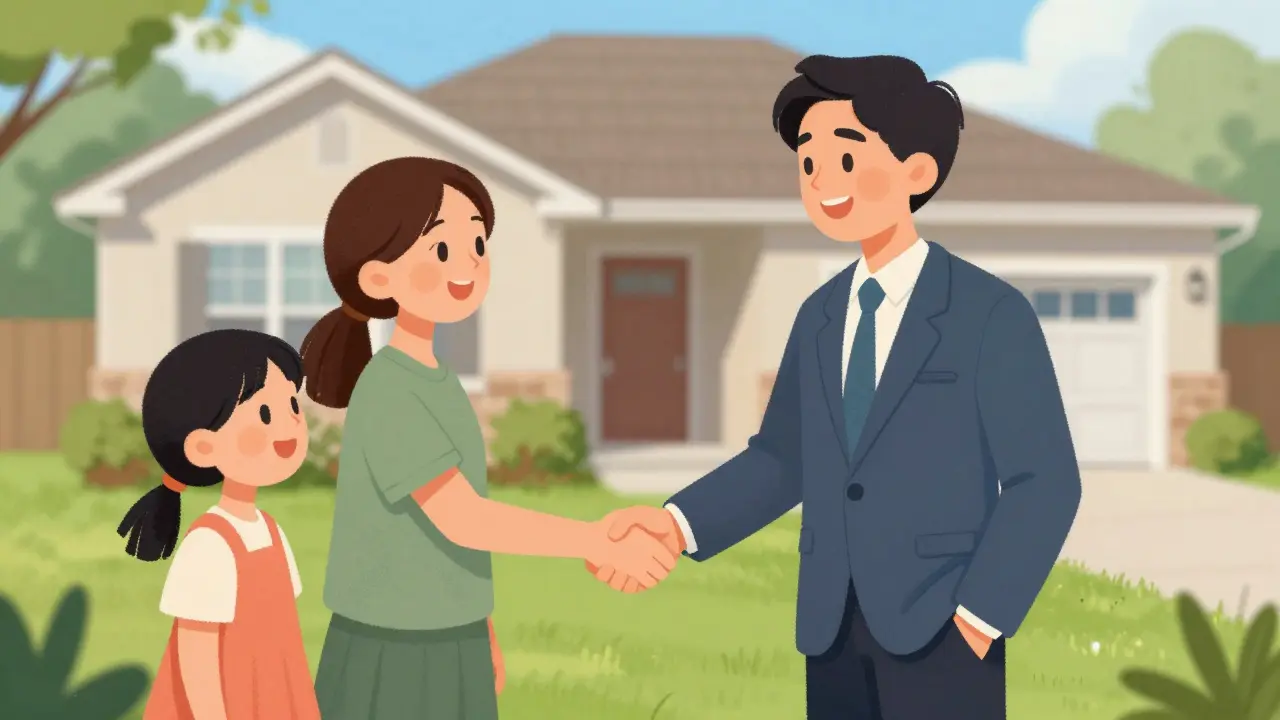 Úspěšné předání klíčů a podání ruky mezi makléřem a kupujícími.