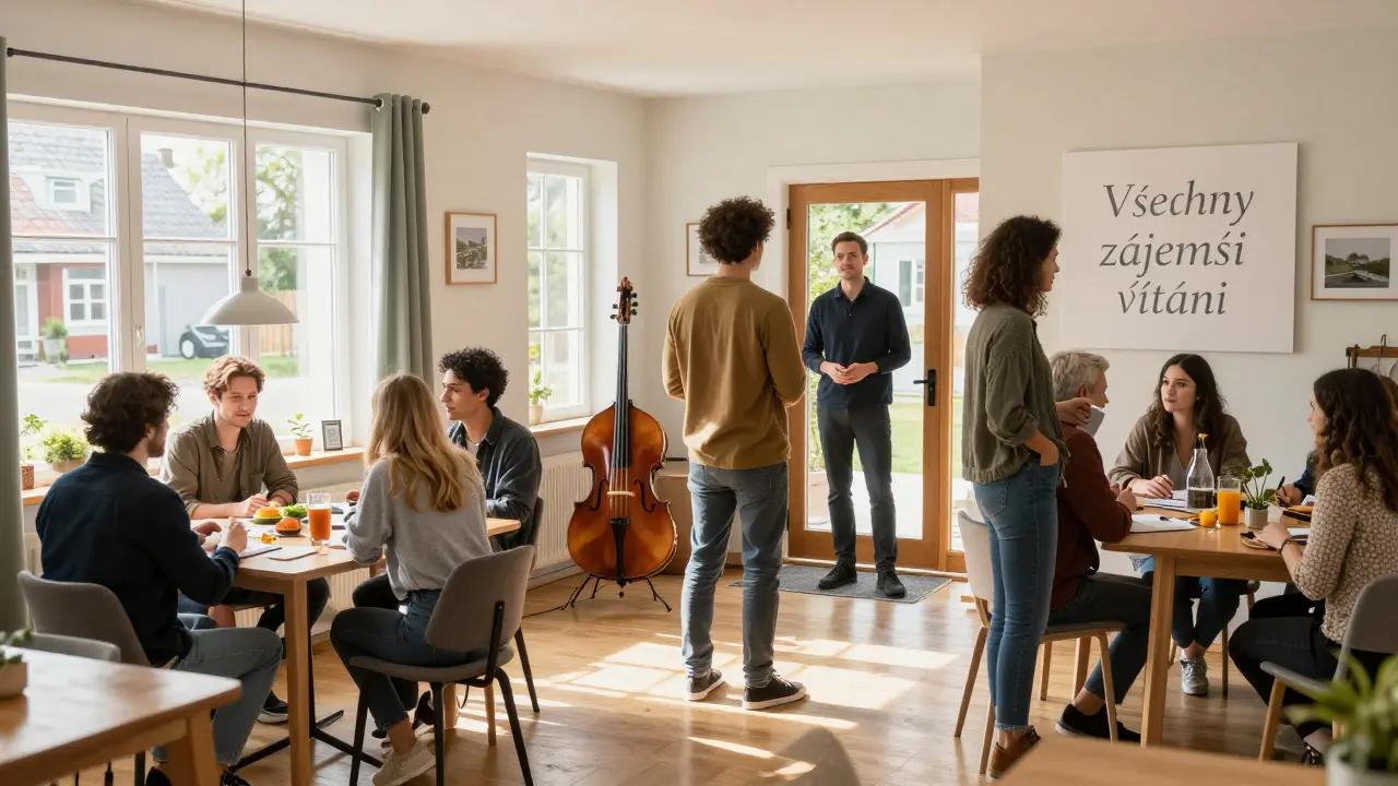 Veřejná prohlídka nemovitosti s více zájemci, kteří procházejí domem v sobotní odpolední atmosféře.