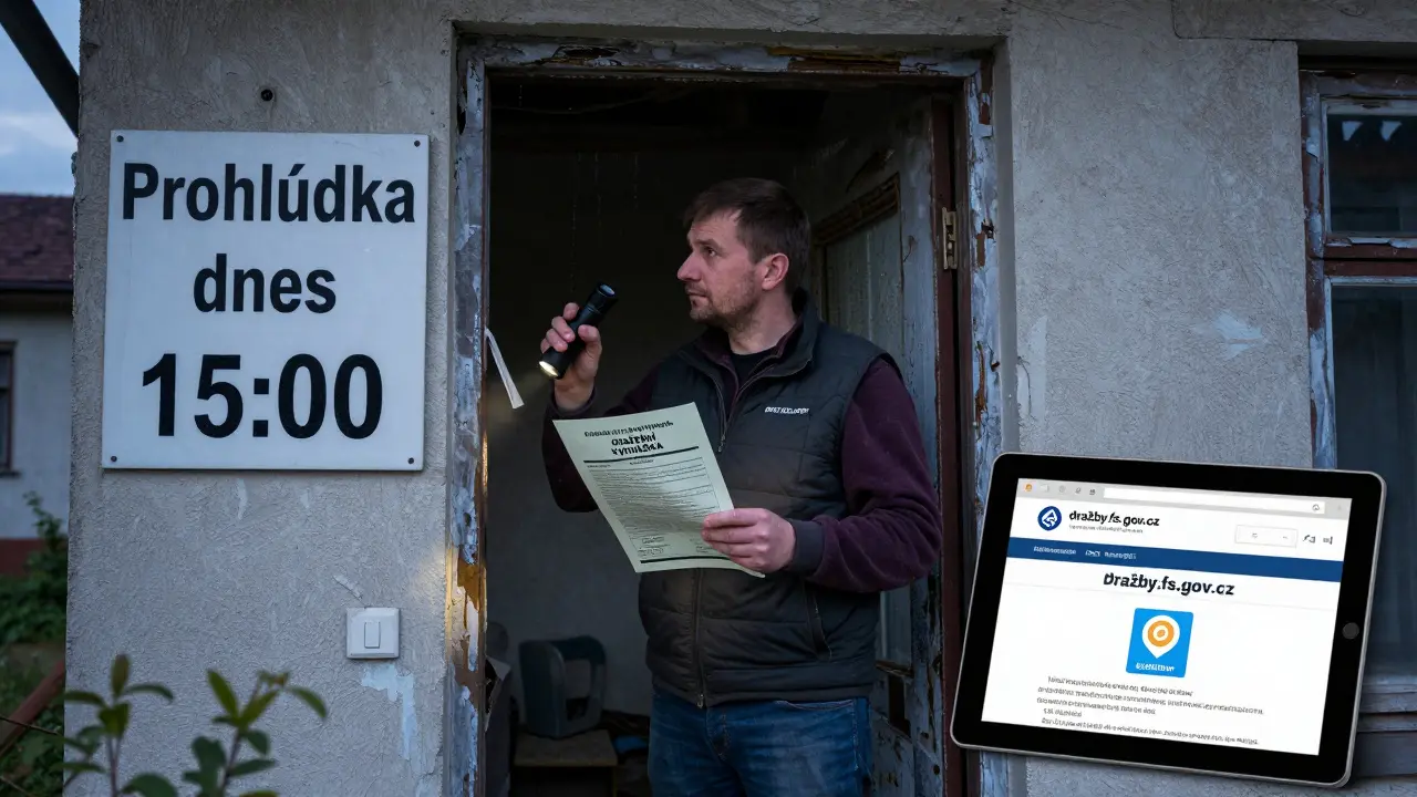 Vlastník prohlíží zanedbaný dům s dražební vyhláškou a značkou prohlídky ve tmavém světle.