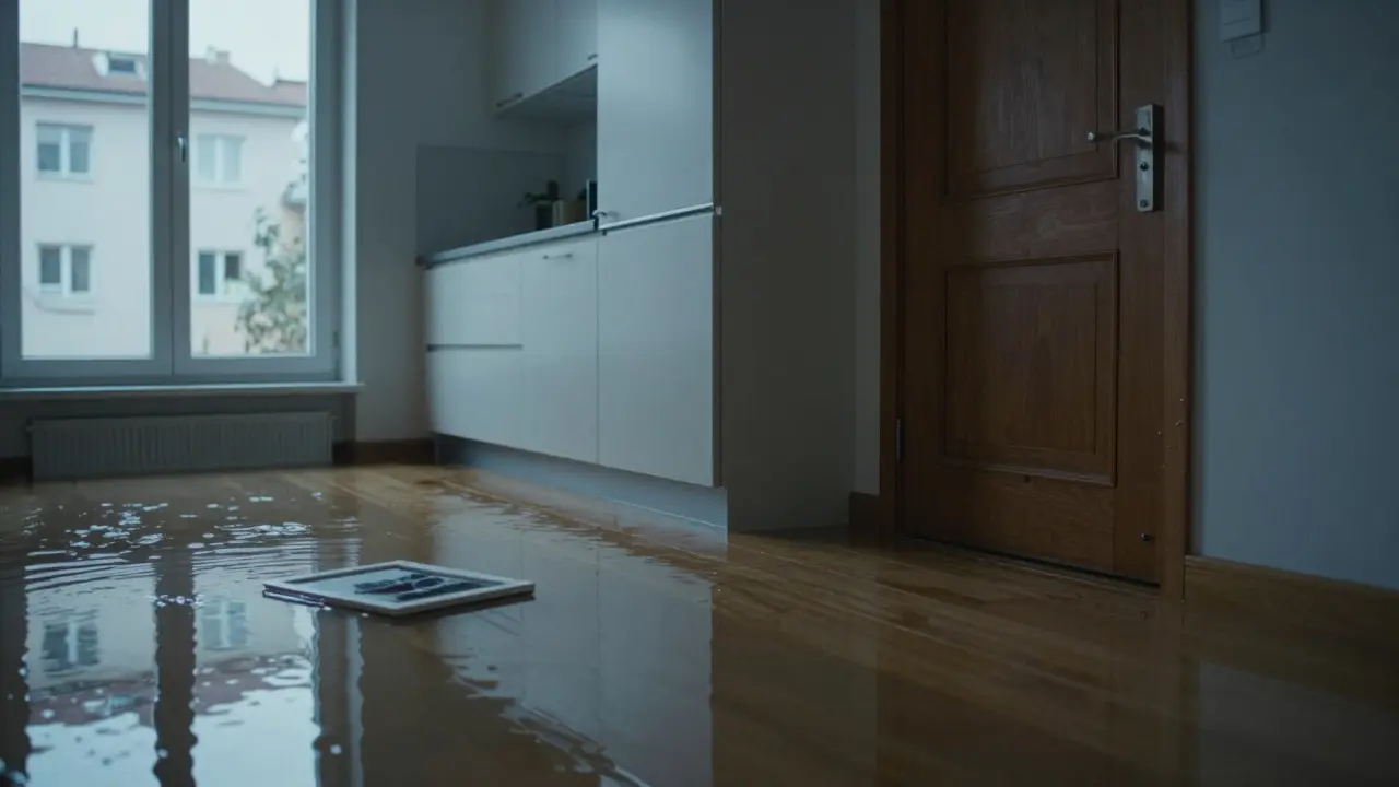 Zatopený byt s vodou sahající k kuchyňským linkám a dveřím, zatímco plave obrazový rám – symbolizující ztrátu kvůli nevhodnému pojištění.