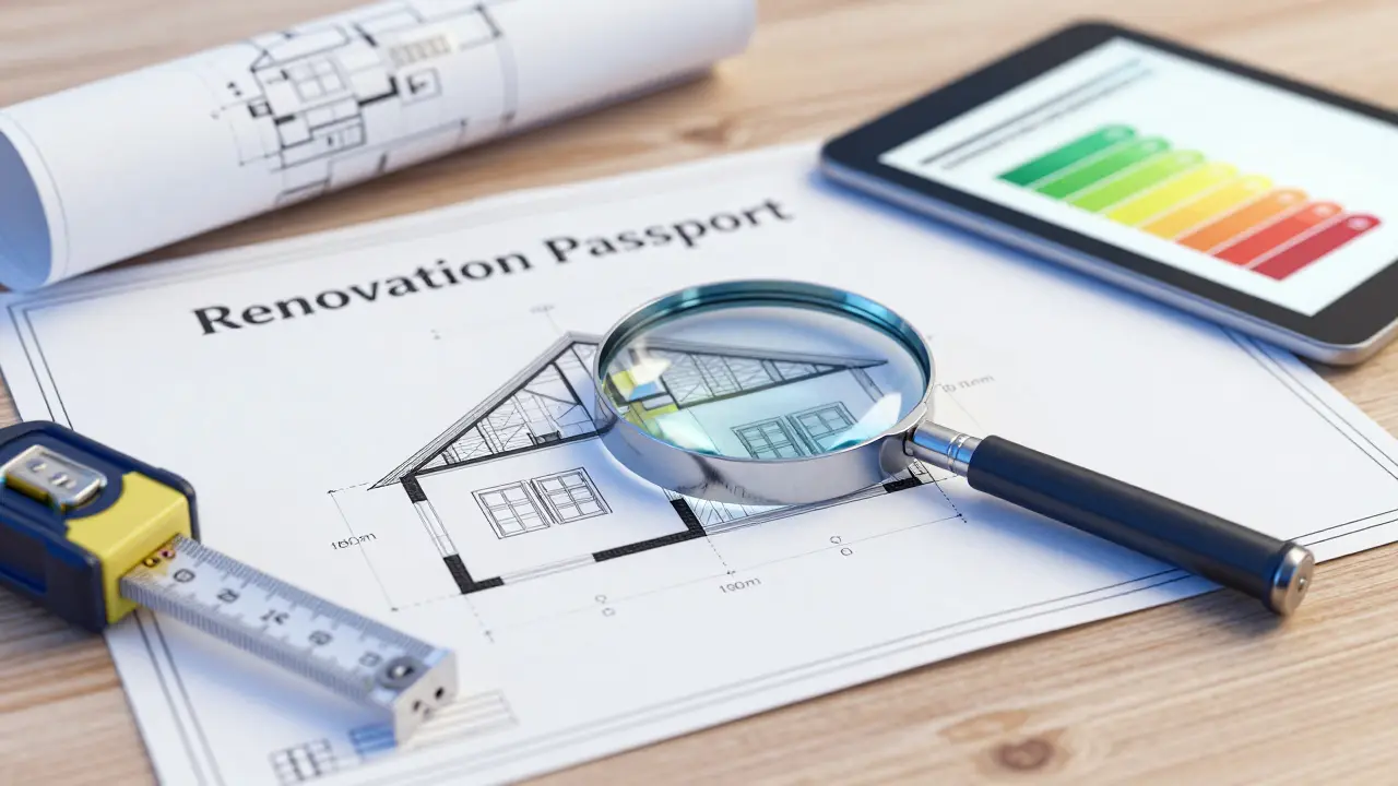 Architektonický plán domu a renovační pas s technickými detaily izolace.