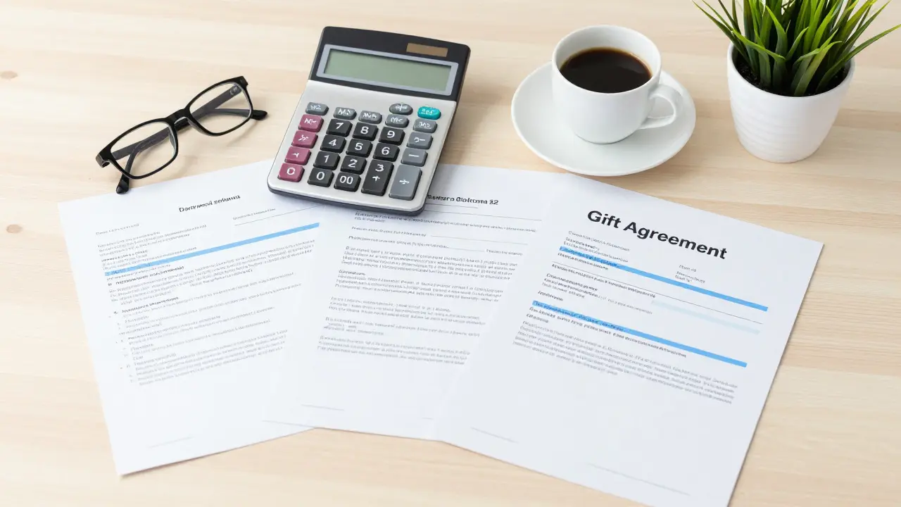 Bankovní výpisy, kalkulačka a darovací smlouva na dřevěném stole.