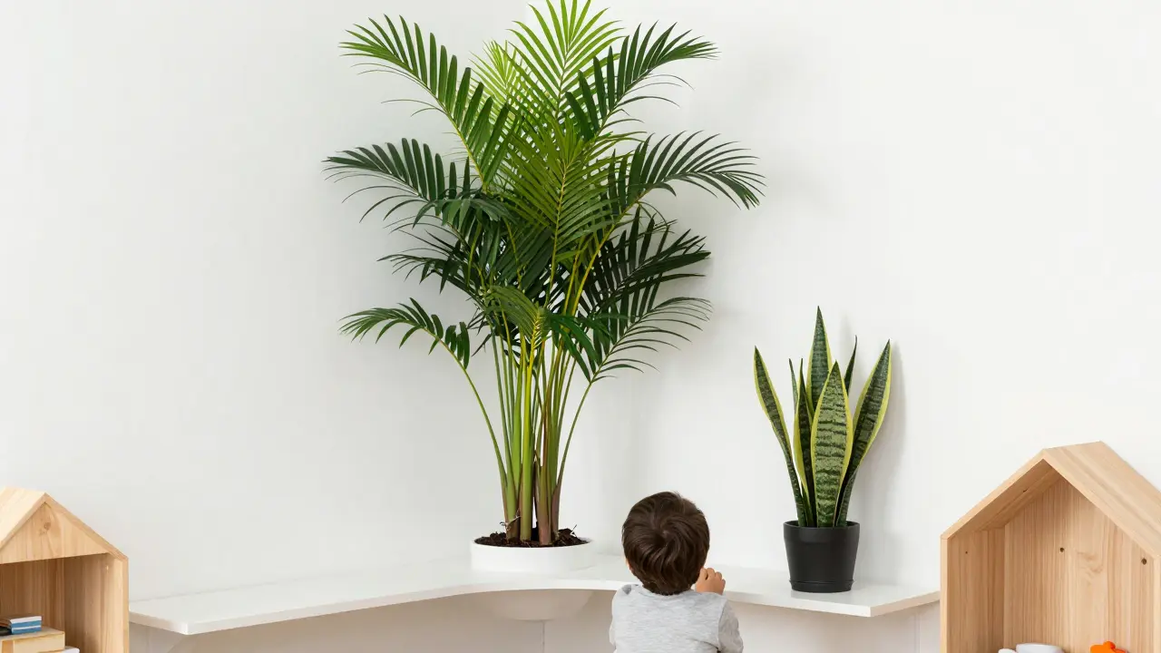 Bezpečné umístění horské palmy a sansevierie na vysoké police v dětském pokoji.
