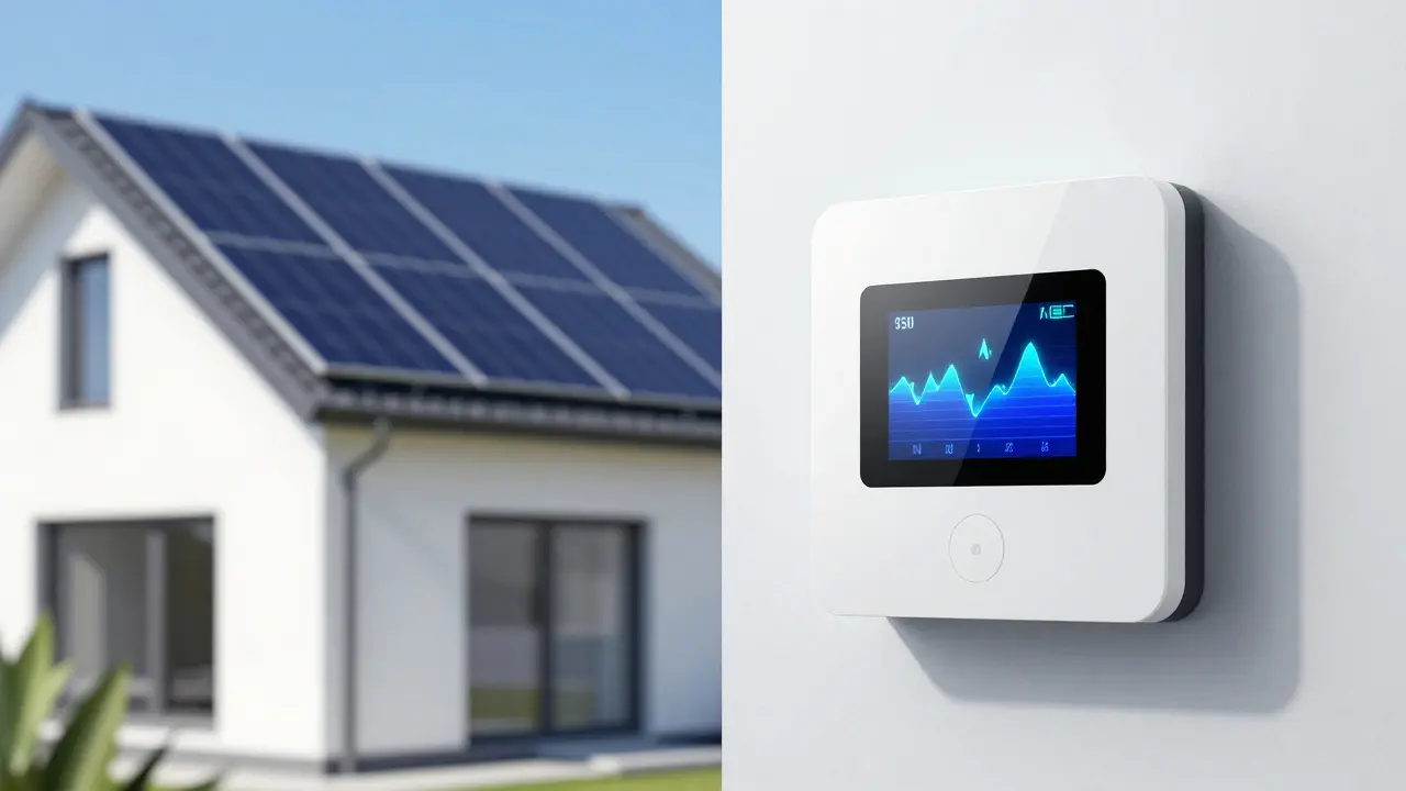 Chytré měření energie a fotovoltaika na střeše moderního domu pro udržitelné bydlení.