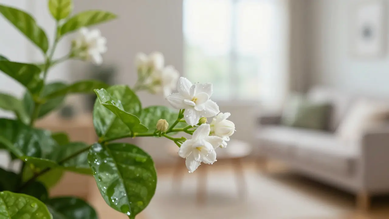 Detail bílých květů madagaskarského jasmínu s kapkami vody.