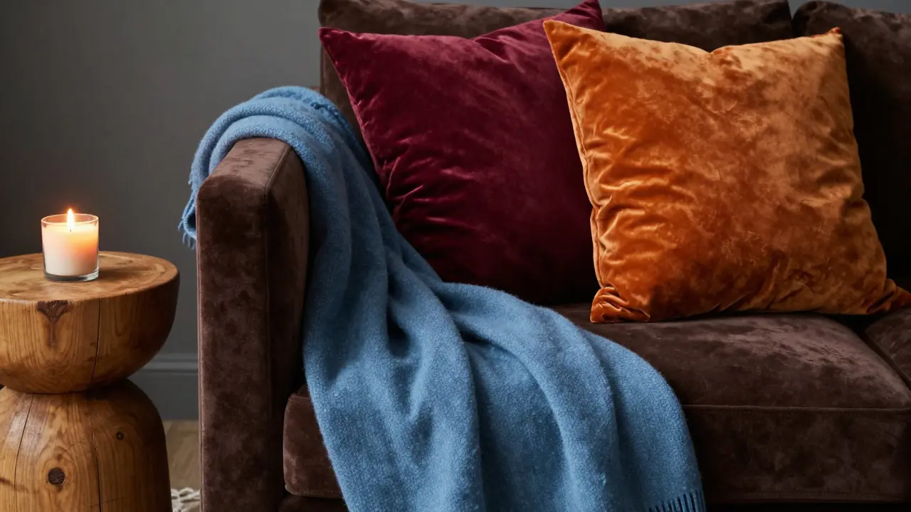 Detail hnědého pohlaví s vínovými polštáři a modrou přihovkou.