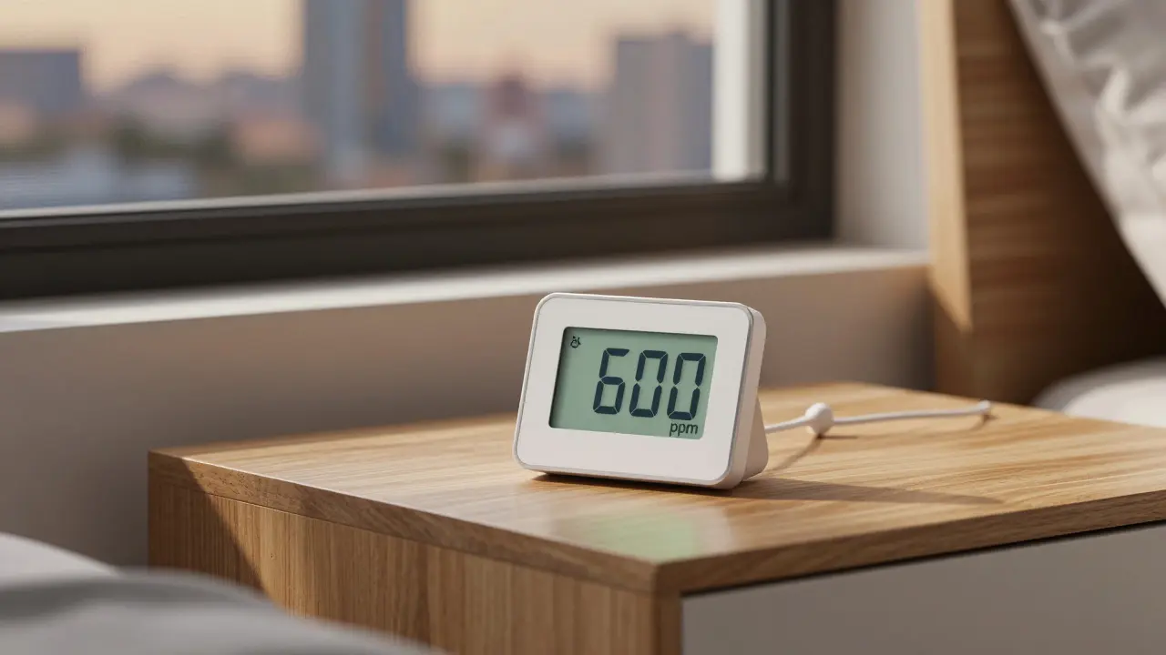 Digitální měřič CO2 s nízkou hodnotou na nočním stolku v ložnici.