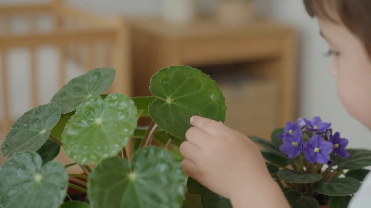 Dítě se zvídavě dotýká kulatého lístku rostliny penízovka.