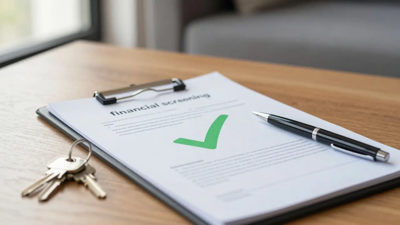 Doklady o zaměstnání a potvrzení o čistém záznamu v rejstříku s klíčemi od bytu na stole.