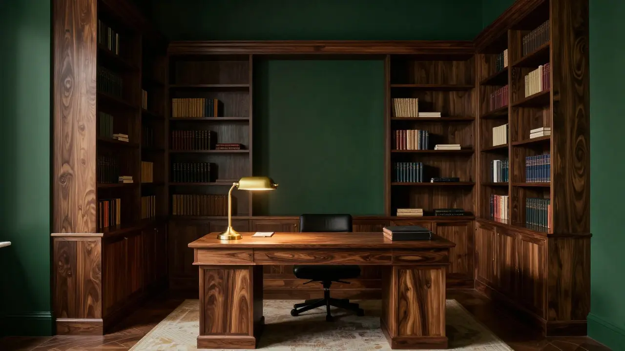 Elegantní pracovna v tmavě zelené barvě s dřevěným nábytkem