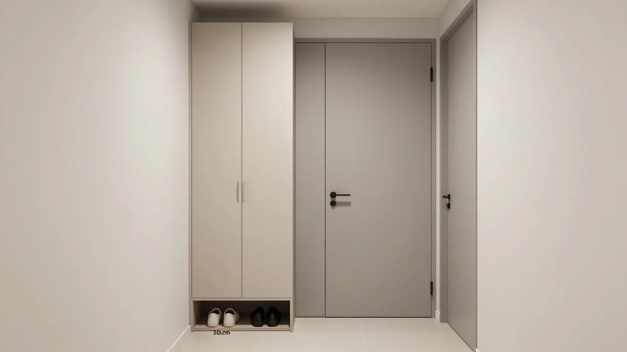 Funkční úzký prostor s plnicí botníkem, multifunkční lavičkou a posuvnými dveřmi.