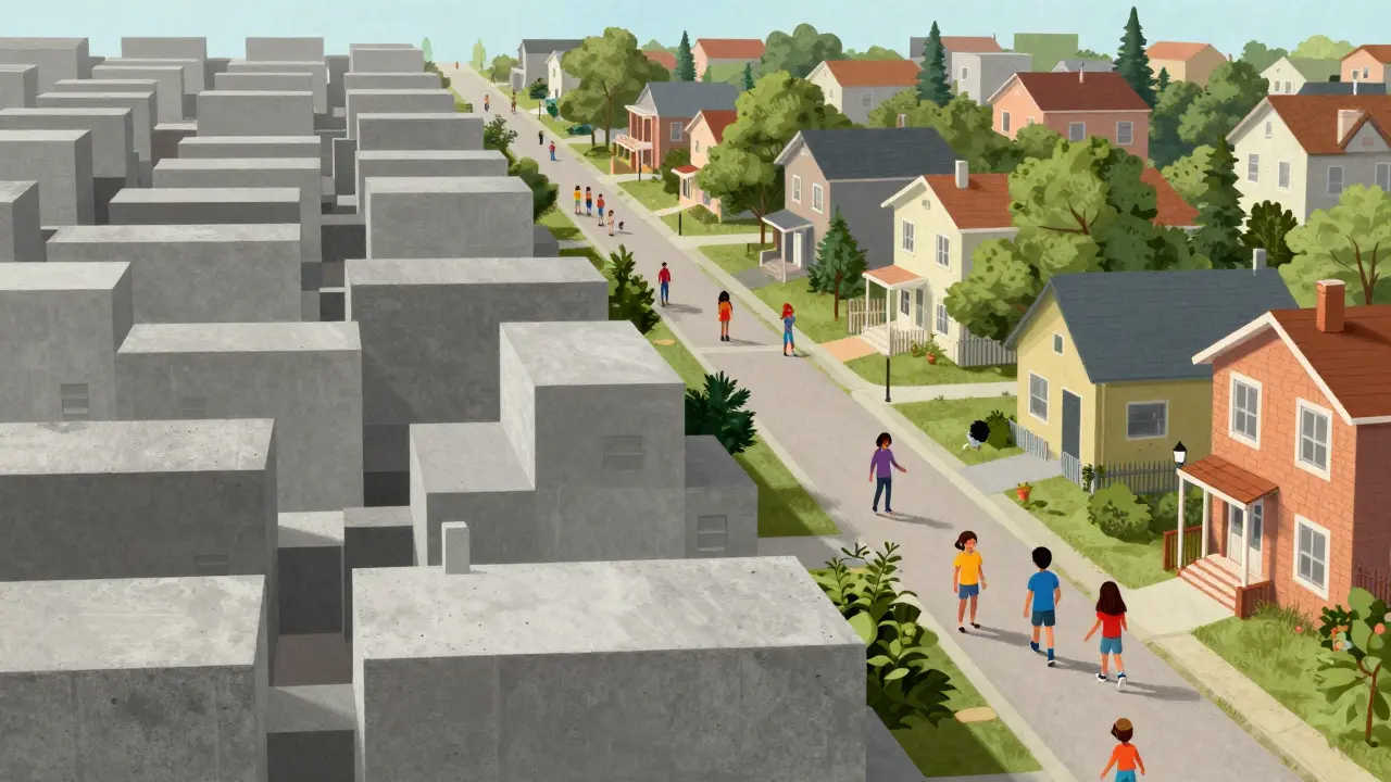 Ilustrace kontrastu mezi segregovanou čtvrtí a integrovaným prostředím.