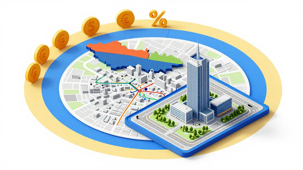 Izometrická ilustrace vrstev analýzy realitního trhu od makroúrovně po konkrétní budovu.