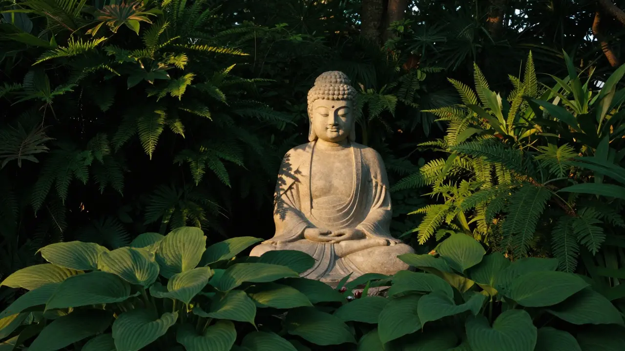 Kamenná socha Budhy v kontrastním zeleném zahradním prostředí.
