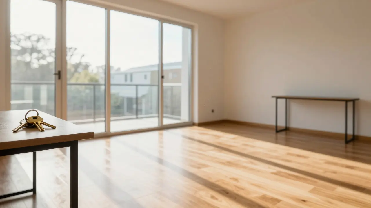 Klíče od bytu na stole v prázdném pokoji doposvětleném sluncem