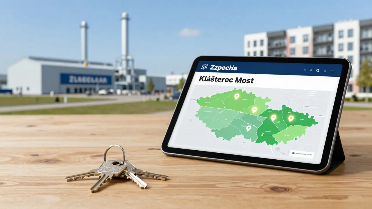 Klíče od nemovitosti a mapa s vyznačenými investičními zónami v Česku.