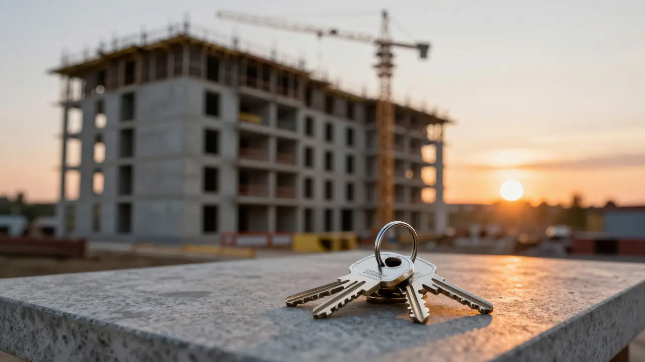 Klíče od nového bytu s rozestavěnou budovou v pozadí při západu slunce.