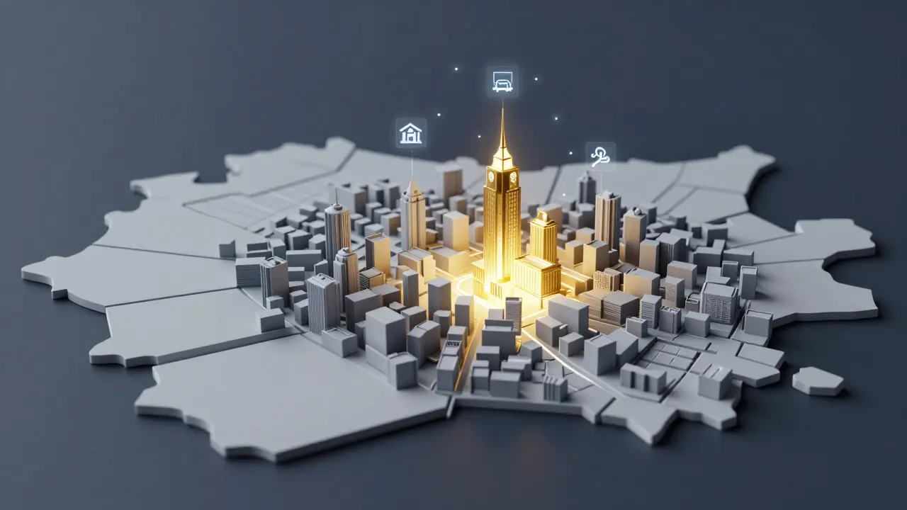 Konceptuální mapa města s vyznačenou zlatou zónou vysoce hodnotné lokality.