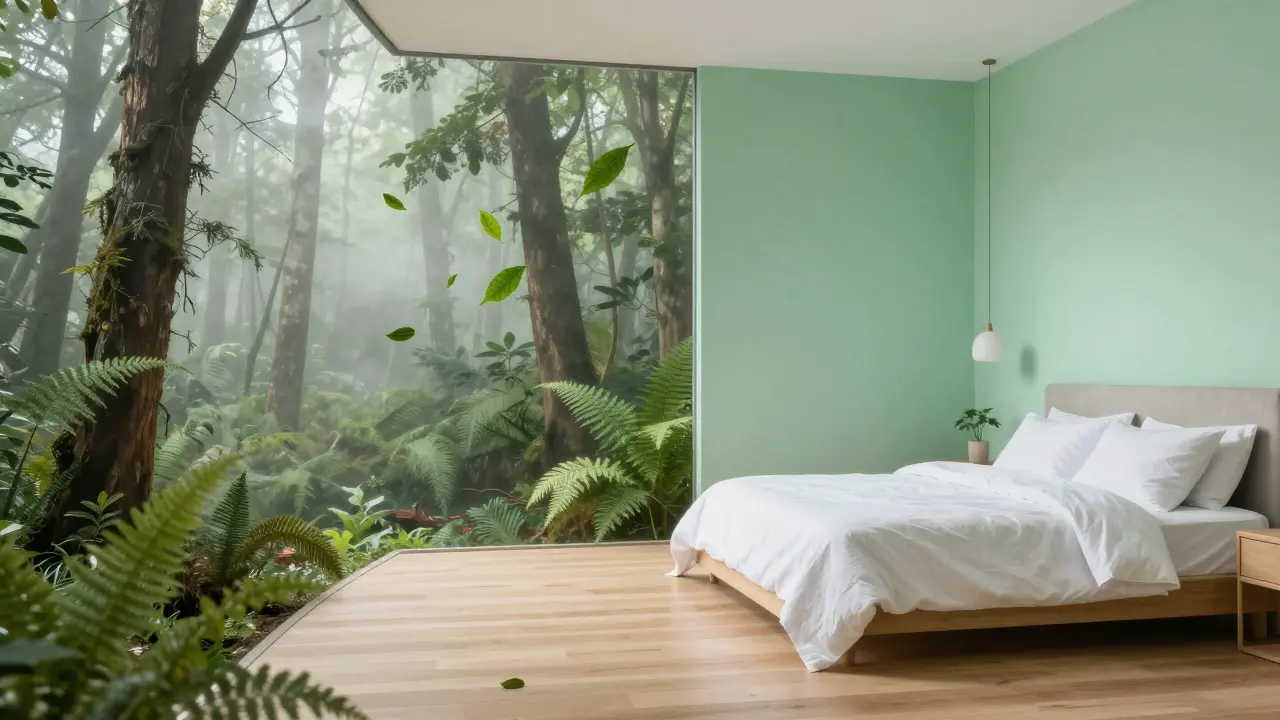 Konceptuální spojení mintové ložnice s prvky přírody