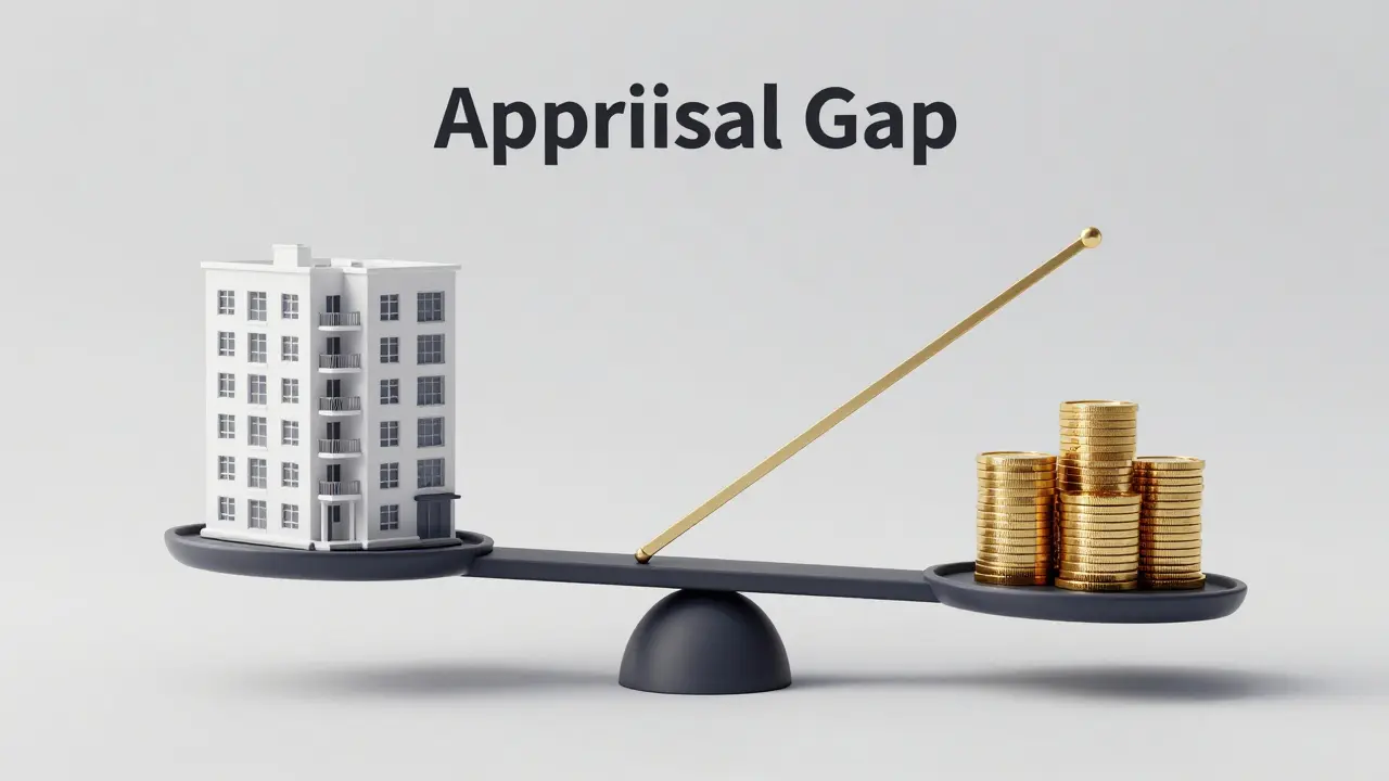 Konceptuální znázornění rozdílu mezi kupní a odhadní cenou bytu na váze.