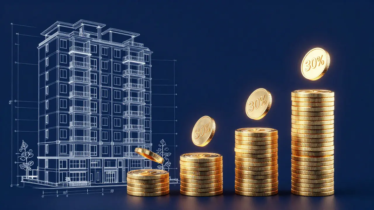 Konceptuální znázornění stavebních plánů a postupného čerpání úvěru.