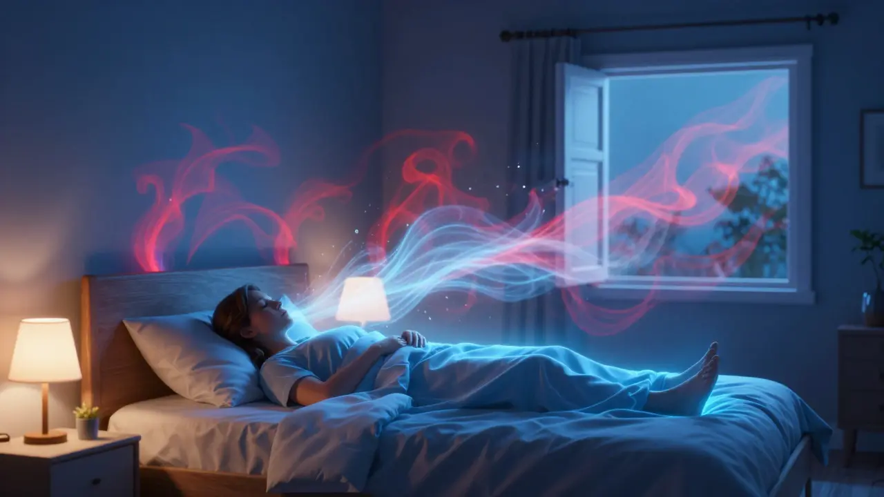 Konceptuální zobrazení proudění čerstvého vzduchu a odchodu CO2 z ložnice.