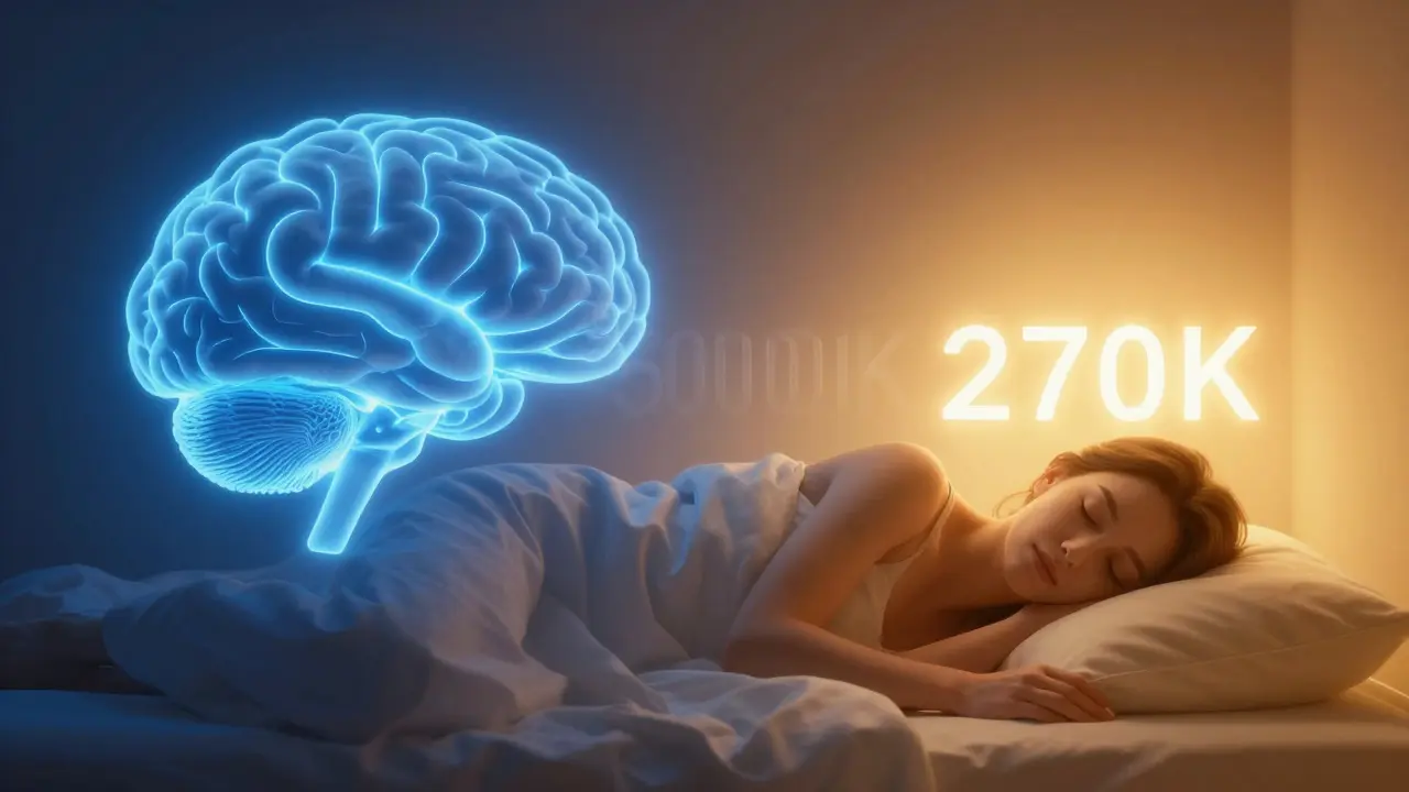 Konceptuální zobrazení vlivu studeného a teplého světla na biologický rytmus a spánek.