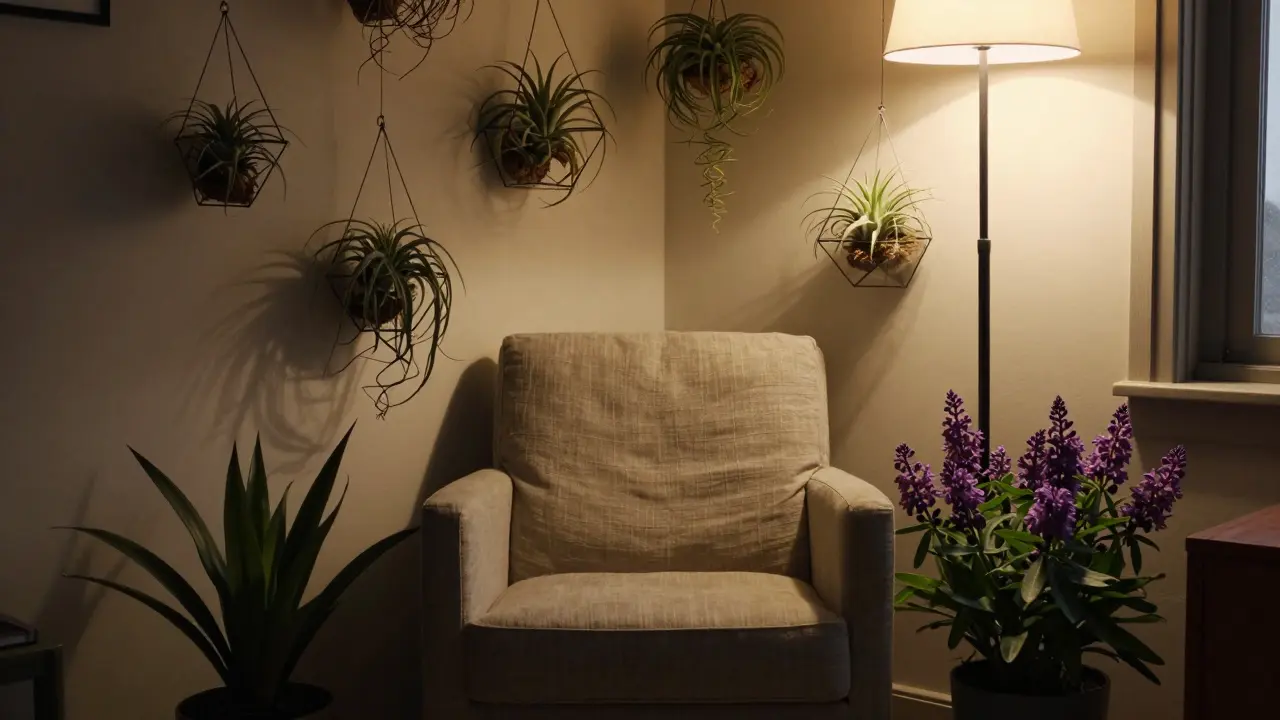 Kout pro relaxaci s vzdušnými rostlinami a heliotropem.