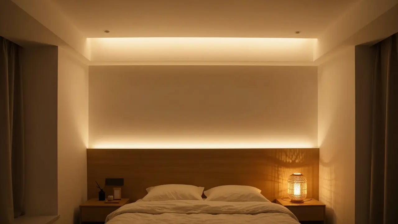 Moderní ložnice s vrstveným teplým osvětlením pro maximální relaxaci a klid.