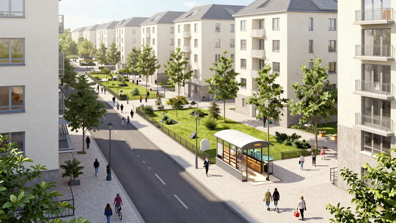 Moderní městská čtvrť s obchody, parkem a dopravou v docházkové vzdálenosti.