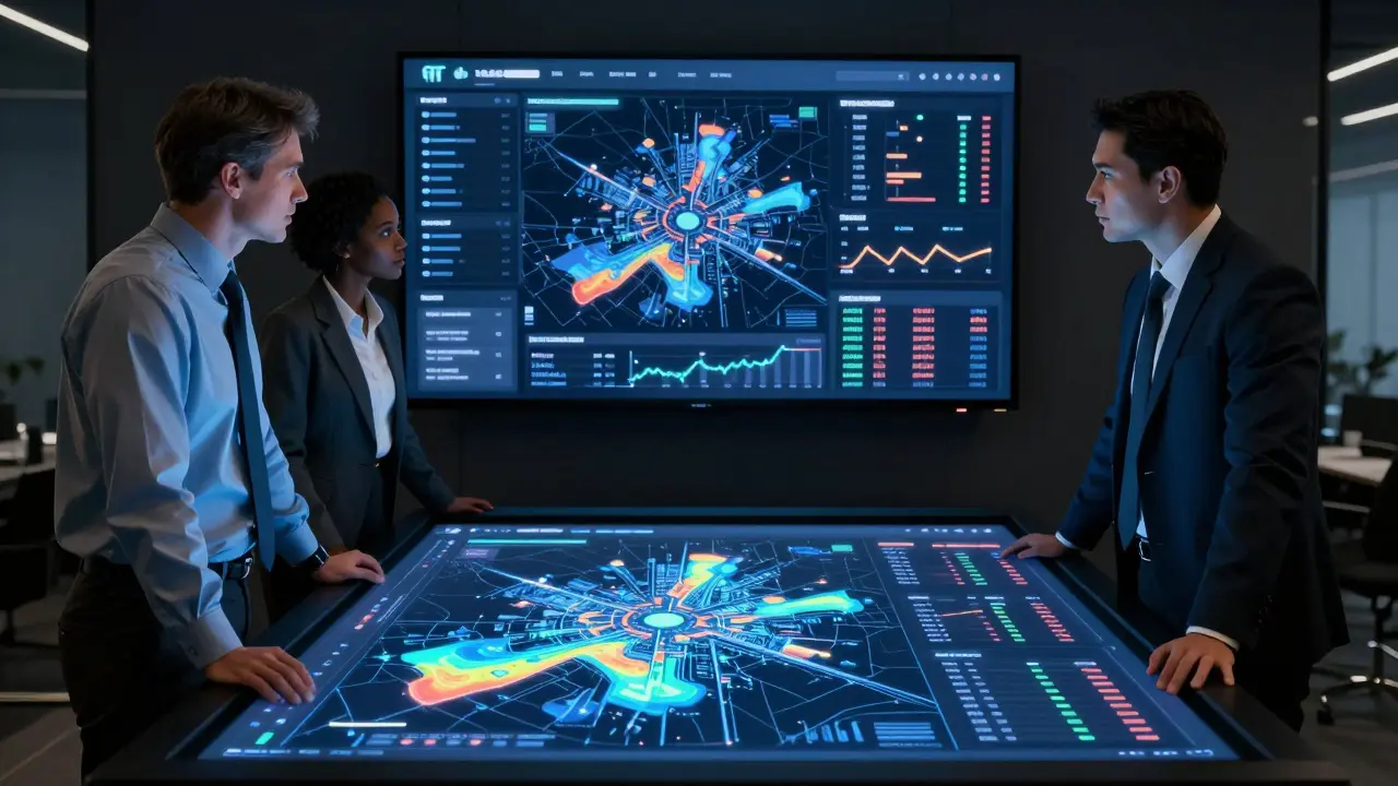 Odborníci analyzující data o realitním trhu na moderním digitálním stole v zasedací místnosti.