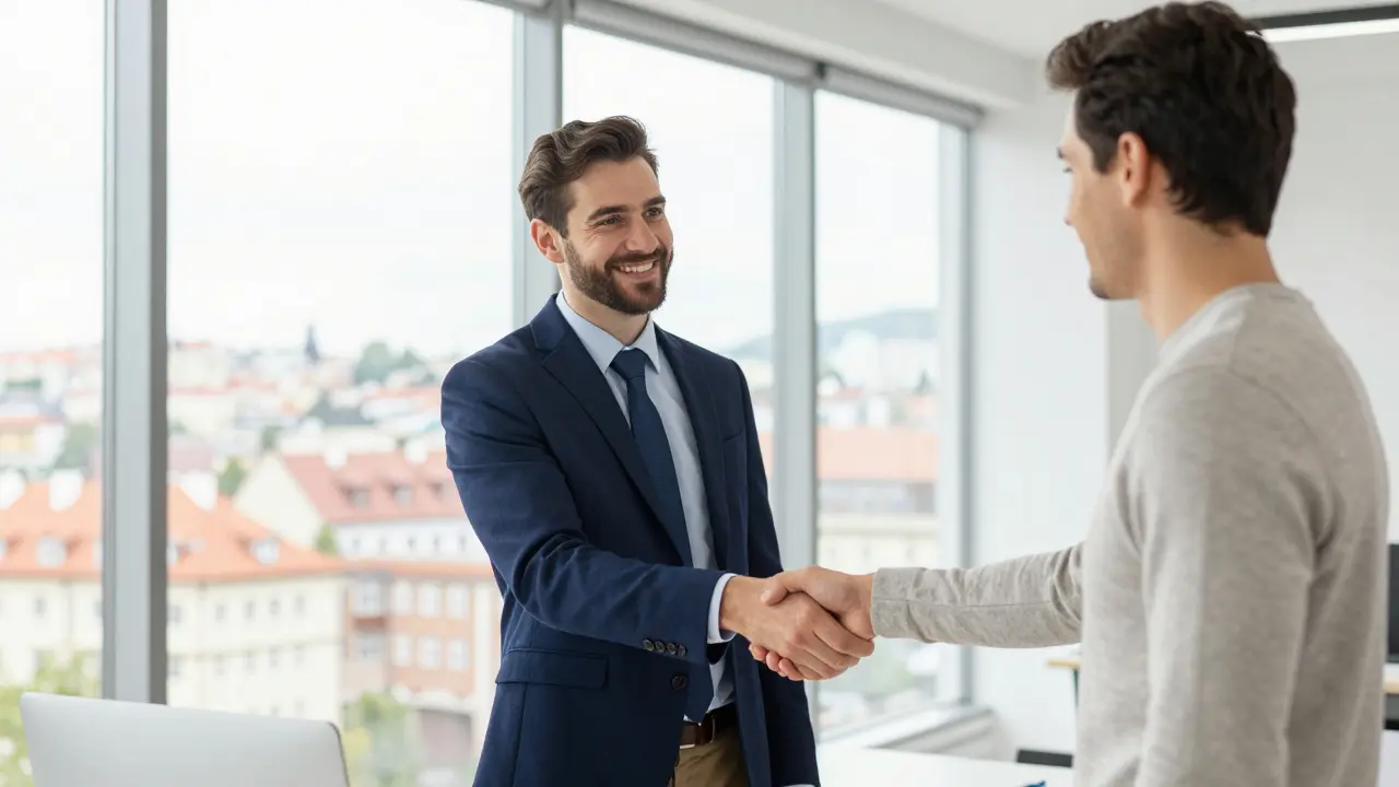 Podání ruky mezi majitelem nemovitosti a profesionálním správcem pronájmu v moderní kanceláři.