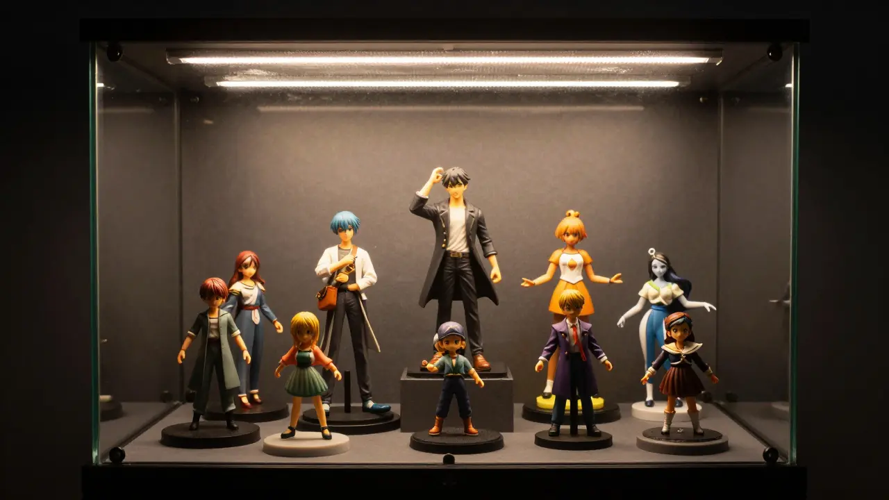 Sběratelské figurky v prosklené vitríně s teplým LED osvětlením.