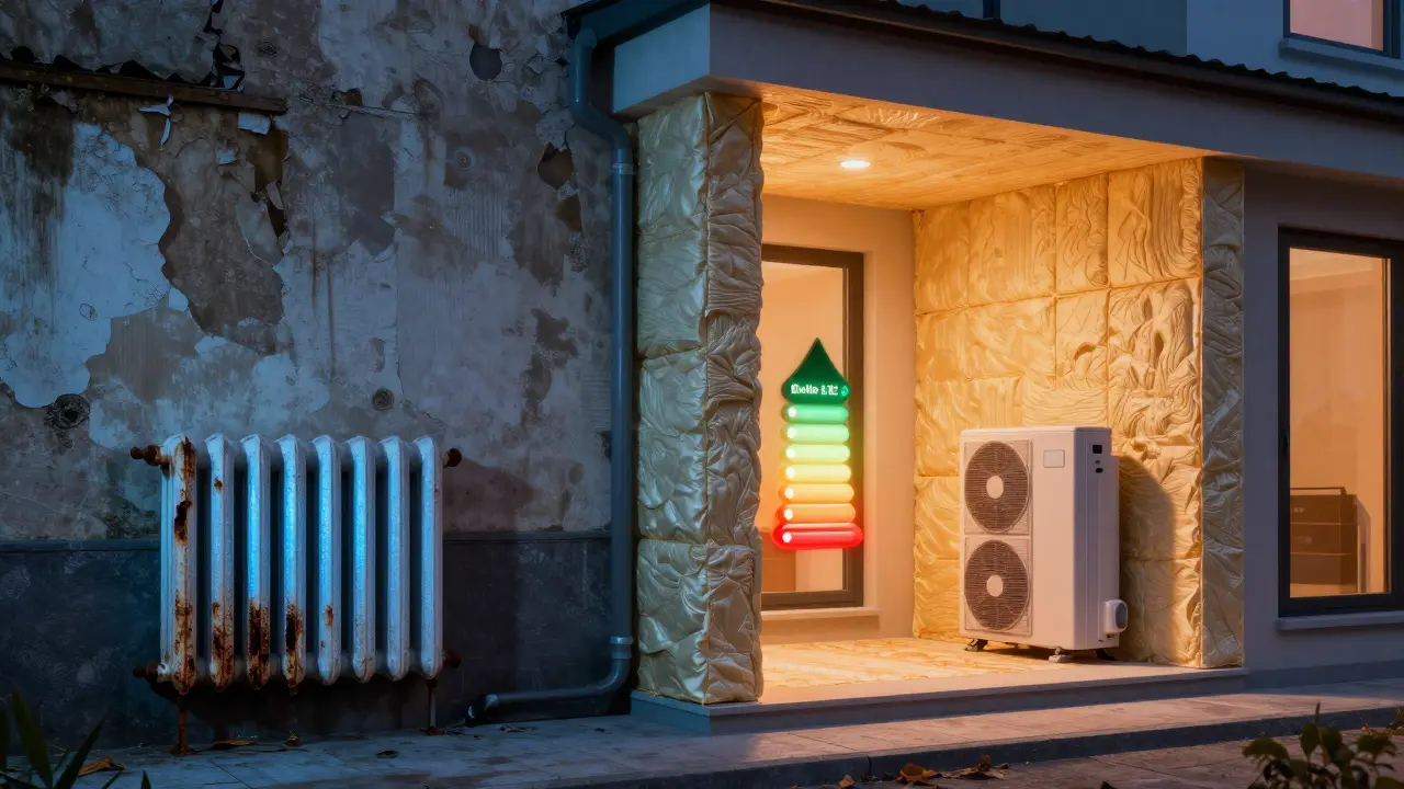 Srovnání staré budovy s nízkou izolací a moderního energeticky úsporného domu.